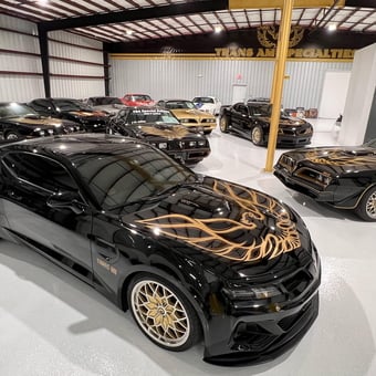 Trans Am themed garage with classic cars and gold accents - Rick from Miami, FL