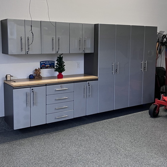 Modern gray garage cabinets with wood countertop - Bob from North RouLton, OH