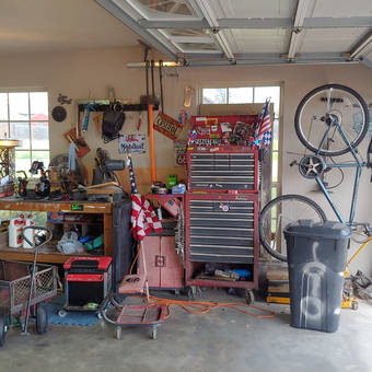 Organized garage with tool chest, workbench, and wall storage - Oldskool from Van Buren, AR