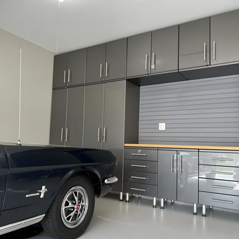 Modern garage cabinets with workbench and classic Mustang - Tom from CA