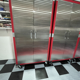 Red and Silver Metal Garage Cabinets on Casters - Bob D from Middleboro, MA