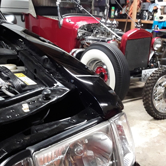 Classic Hot Rod, Modern Car, and Motorcycle in Garage - Victor Bruce Garside from Nanaimo