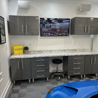 Modern Garage Cabinets With Granite Countertop and TV - Tom from LA, CA