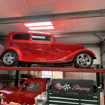 Classic Red Hot Rod on Car Lift in Garage - Carlin Copenhaver from Treynor, IA