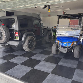 Checkered Garage Floor Tiles with Jeep and Golf Cart - JP from The Villages, FL