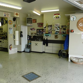Organized Garage with Wall Cabinets and Gulf Sign - Glen from Chicago, IL