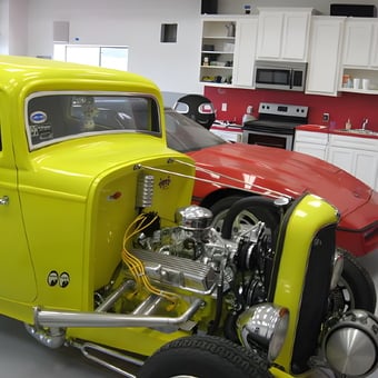 Classic Car Garage with White Cabinets and Red Backsplash - Hugh from Beaumont, TX