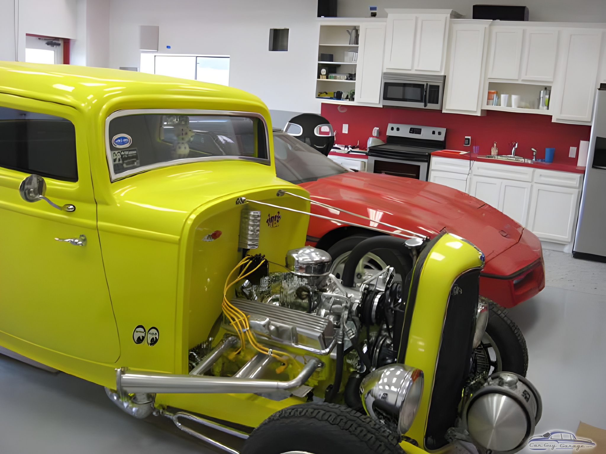 Classic Car Garage with White Cabinets and Red Backsplash - Hugh from Beaumont, TX