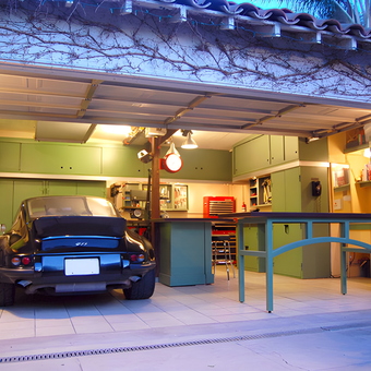 Organized garage with green cabinets and workbench - Jack from Los Angeles, CA