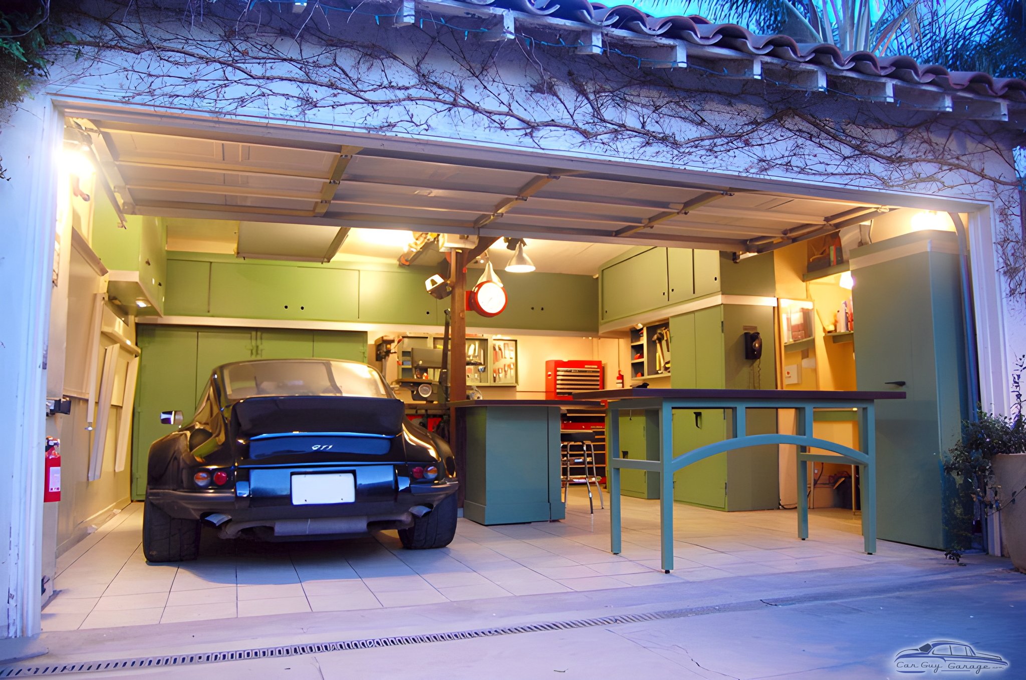 Organized garage with green cabinets and workbench - Jack from Los Angeles, CA