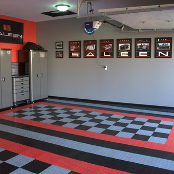 Garage with Metal Cabinets and Checkered Tile Floor - Saleen1165