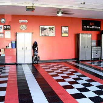Red and Black Garage with Cabinets and Tile Flooring - Saleen1165