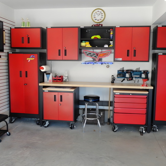 Red Garage Cabinets and Workbench with Storage - Bill from Oyster Bay, NY