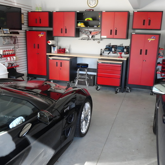 Red Garage Cabinets and Workbench Setup - Bill from Oyster Bay, NY