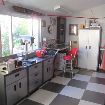 Checkerboard Garage with Metal Cabinets and Red Stool - Neal from Long Beach, CA