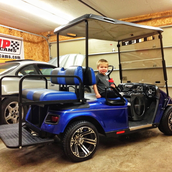 Custom Blue Golf Cart and Silver Car in Garage - Zach from Fairbury, IL