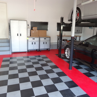 Garage with Car Lift, Cabinets, and Checkered Flooring - Philip Alfano from Monroe Township, NJ