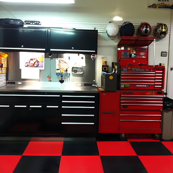 Organized garage with cabinets, tool chest, and grid flooring - Bruce from Littleton, CO