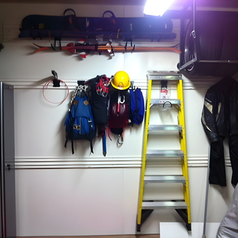 Organized garage with ladder, wall hooks, and storage racks - Bruce from Littleton, CO