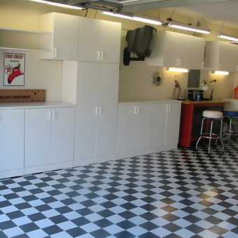Checkered Tile Garage with White Cabinets and Stools - Kip from Beverly Hills, FL