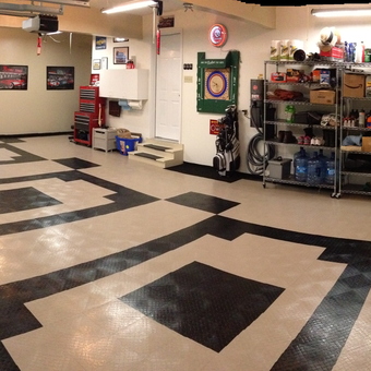 Organized garage with tile flooring and shelving - Frank from Lehigh Valley, PA