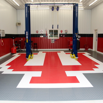 Custom Garage With Car Lift, Red Wall Panels, Tile Flooring - Rick from Floyds Knobs, IN