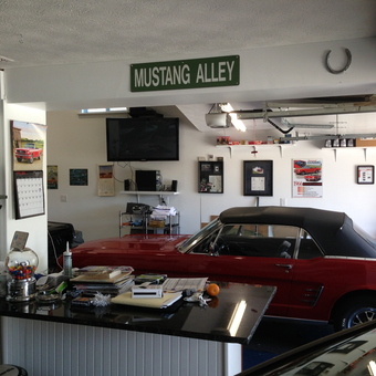 Classic Mustang Decor Garage With Wall Art and TV - Gritzy's garage from Cranberry twp, PA