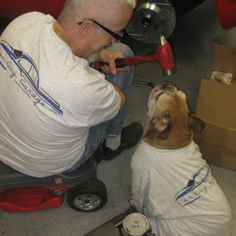 Man and Dog in Matching Garage Shirts with Tools - Cisco's Garage from Aroda, VA