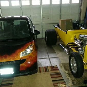 Custom Flame Smart Car and Yellow Hot Rod in Garage - Brother Buzz from Oswego, IL
