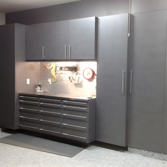 Modern gray garage cabinets and workbench setup - Joel from Boynton Beach, FL
