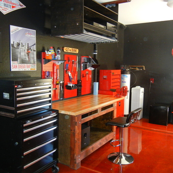 Organized garage with tool chests, workbench, and pegboard - John from Gilbert, AZ