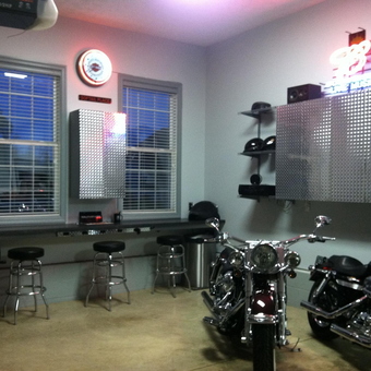 Motorcycle Garage with Diamond Plate Cabinets and Bar Stools - John & Tiffany from Pickerington, OH