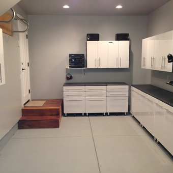 Modern garage with white cabinets and workbench - Alamo Steve from Alamo, CA