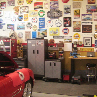 Classic Garage with Wall Signs, Cabinets, and Workbench - Cisco's Garage from Aroda, VA