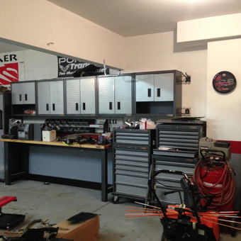 Diamond Plate Cabinets and Tool Chests in Organized Garage - Scott from Stevensville, MI