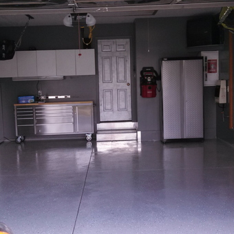 Organized garage with cabinets, tool chest, and fridge - rem234 from Bourbonnais, IL