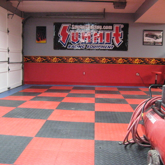 Racing Themed Garage with Red and Black Tile Floor - Hamp from Springboro, OH