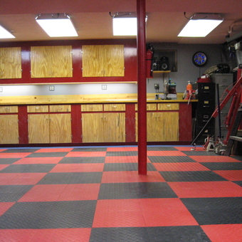 Red and Black Garage Flooring With Wood Cabinets - Hamp from Springboro, OH