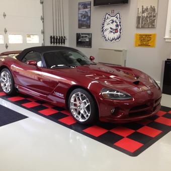 Red Dodge Viper on Checkered Garage Floor Mat - Rich White