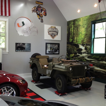 Classic Jeep, Wall Art, and Tool Storage in Garage - Rich White