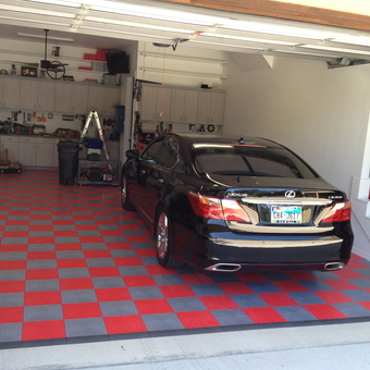 Modern Garage with Red and Gray Floor Tiles - Old Cruiser from Mansfield, TX