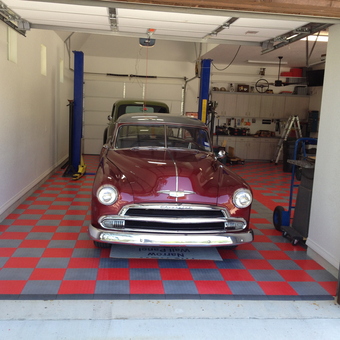 Classic Car Garage with Checkered Floor Tiles - Old Cruiser from Mansfield, TX