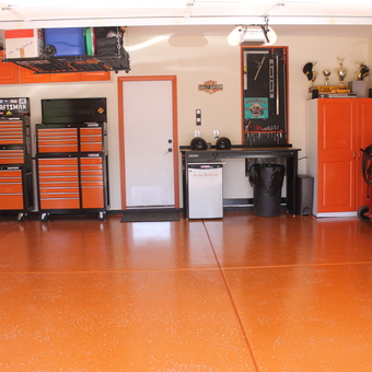 Organized Garage With Orange Cabinets and Tool Chests - Jody from Las Vegas, NV