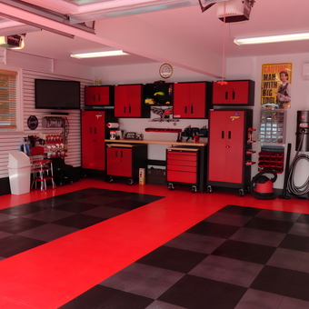 Organized Garage with Red Cabinets and Tile Flooring - Bill Fuhrmann from Oyster Bay, NY