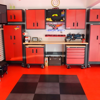 Red Garage Cabinets and Workbench Setup - Bill Fuhrmann from Oyster Bay, NY
