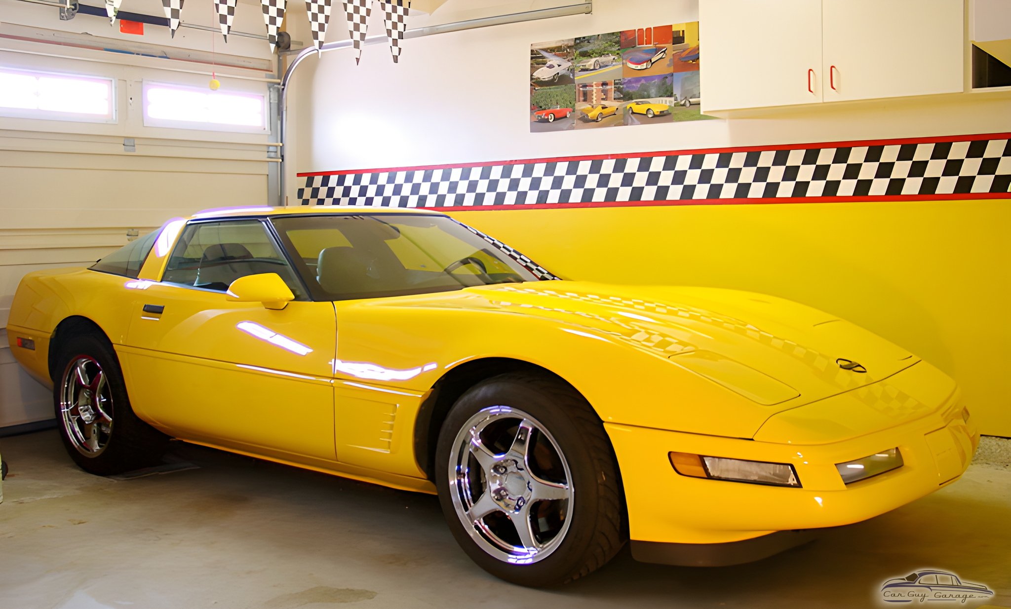 Yellow Corvette in Garage with Checkered Wall Decor - Joe from Santee, CA