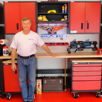 Red Garage Cabinets and Workbench with Tools - Bill Fuhrmann from Oyster Bay, NY