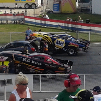 Drag racing cars and crew in pit area - Hummer from round lake, IL
