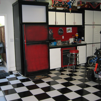 Checkered Garage Flooring, Red Cabinets, and Stools - Rich from Sammamish, WA