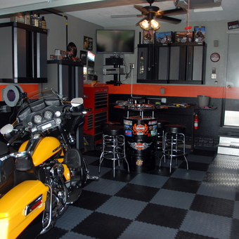 Motorcycle Garage With Tool Cabinets and Automobile Furniture